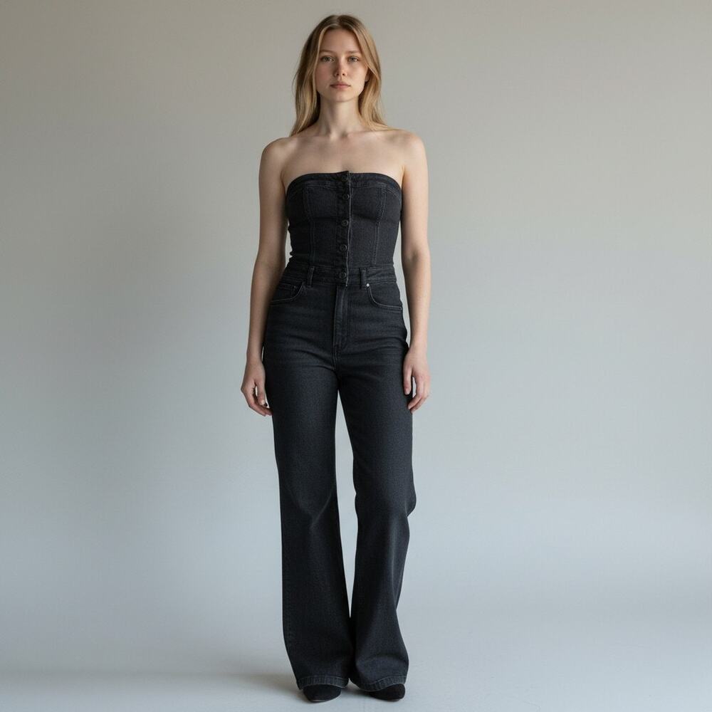 Y2K Women’s Medium Dark-Wash Strapless Denim Wide-Leg Jumpsuit